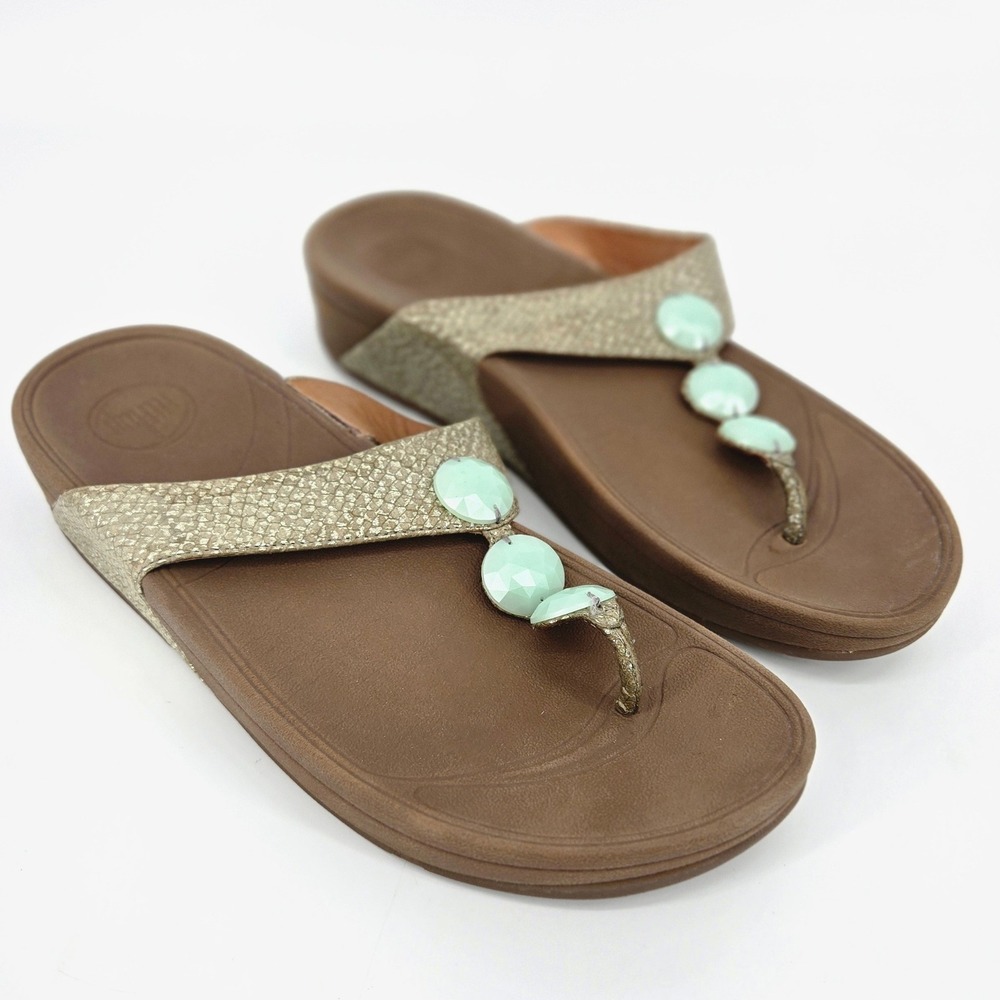FitFlop Lulu Stone Python Leather Wedge Toe Post Comfort Sandals Mint Green 9 41
